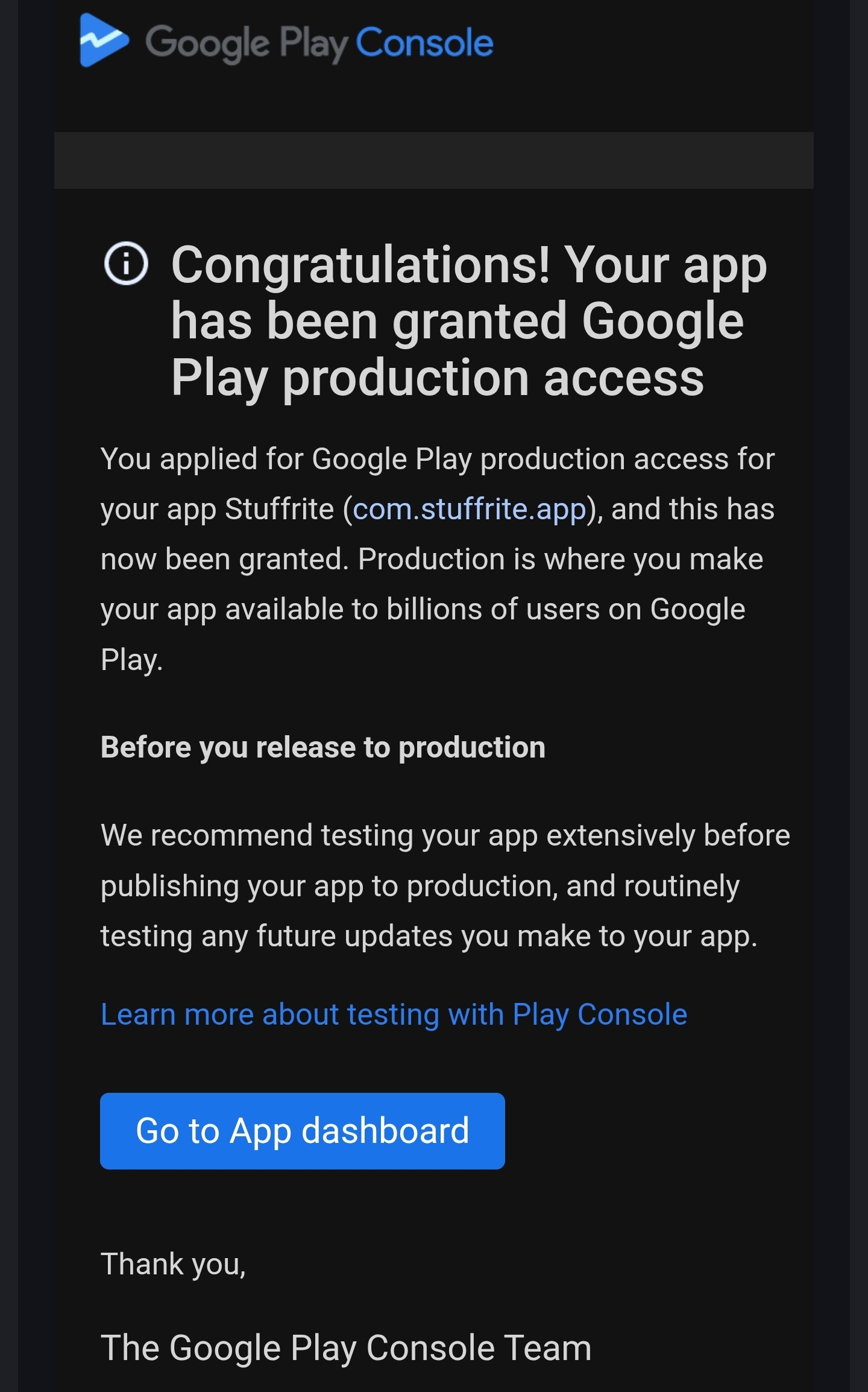 Congratulations Google Play production access granted